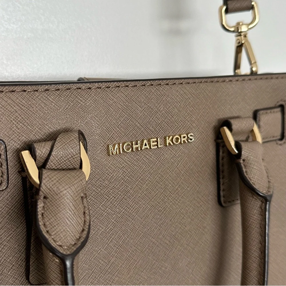 Michael Kors dillon dark Dune, small leather satchel taupe gold accents - Picture 4 of 10